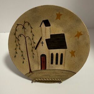 Donna White Hearthside Collection Rustic Church Scene Wood Plate 8” Folk Art